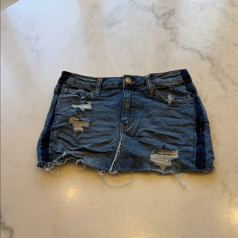 Distressed high waist Blue Denim Mini Skirt